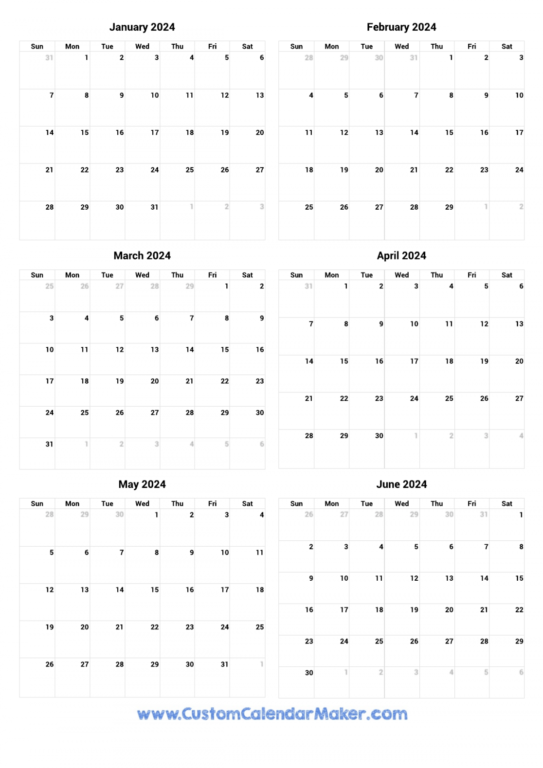 January to June  Printable Calendar