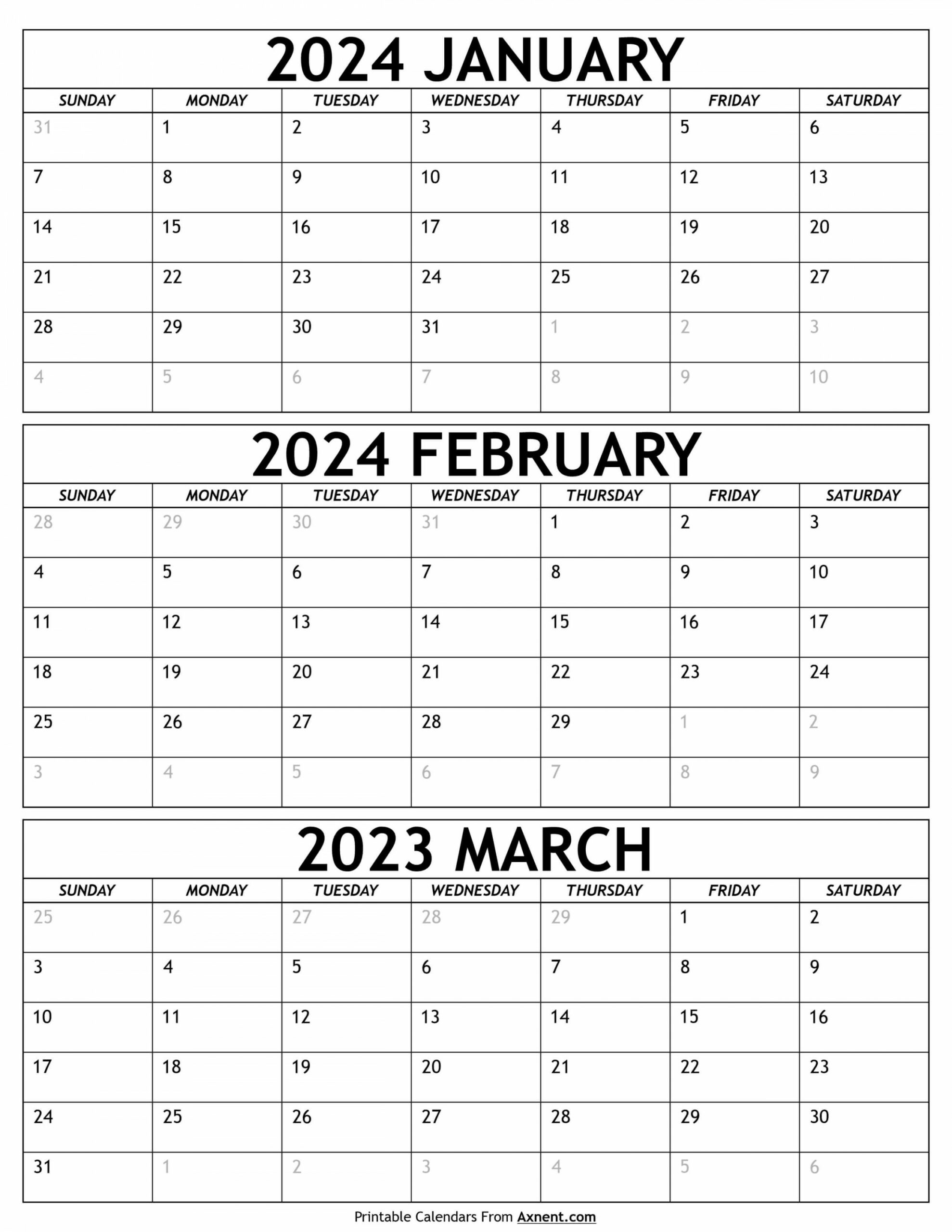 January To March Calendar  Templates - Three Months