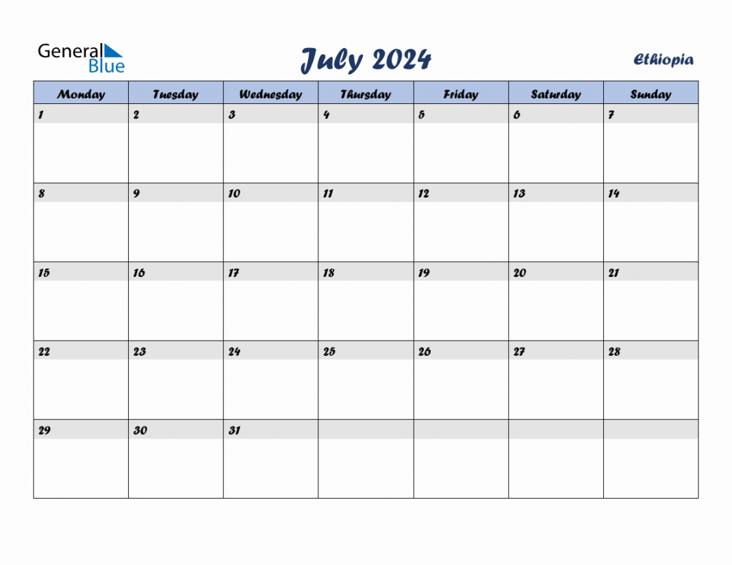July  Monthly Calendar Template with Holidays for Ethiopia