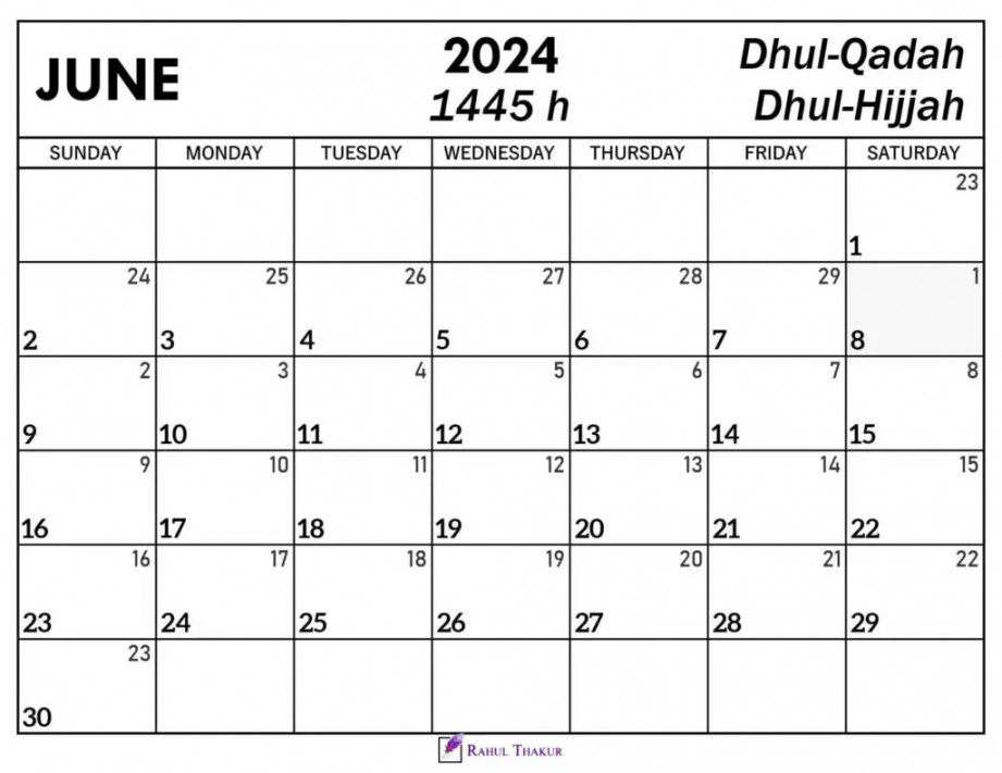 June  Calendar with Hijri Dates - Thakur Writes