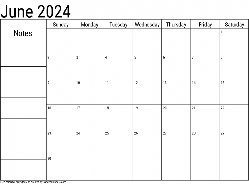 June  Calendar With Notes - Handy Calendars