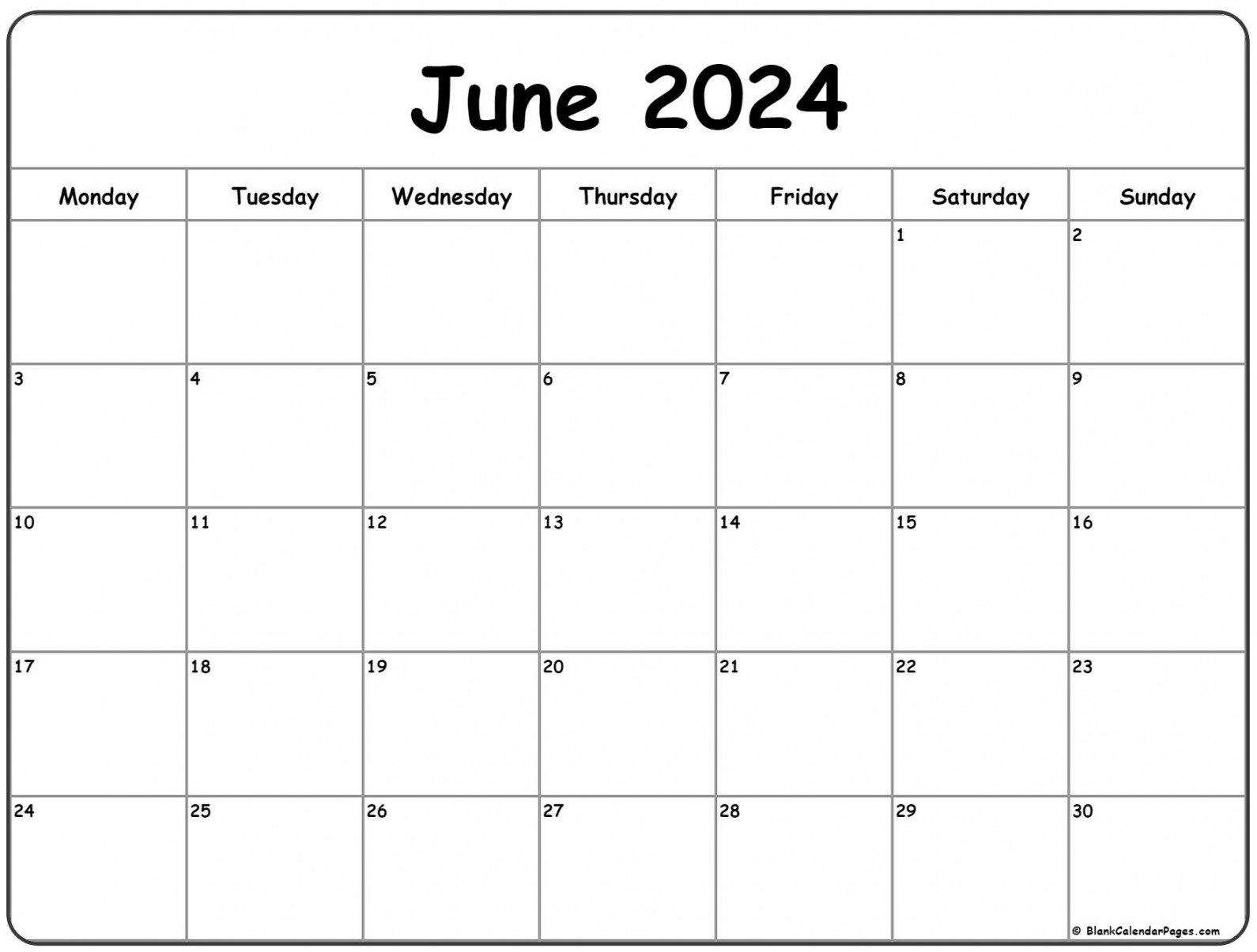 June  Monday Calendar  Monday to Sunday