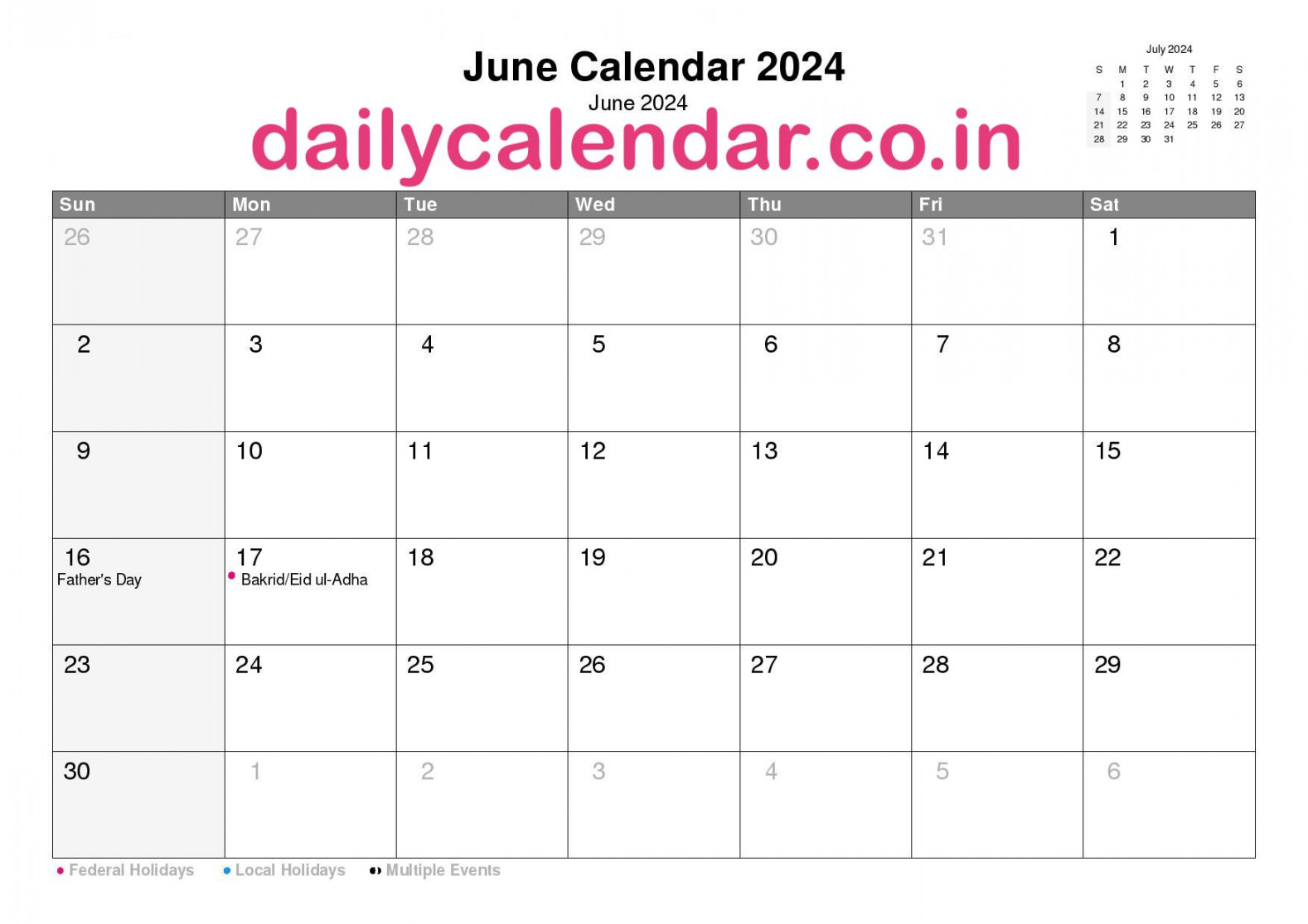 June (Month)  Calendar with Holidays India, Check Events