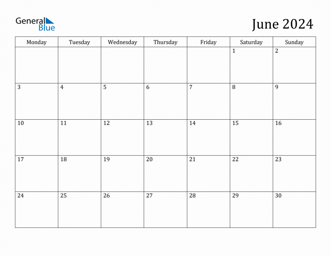 June  Monthly Calendar Templates with Monday start