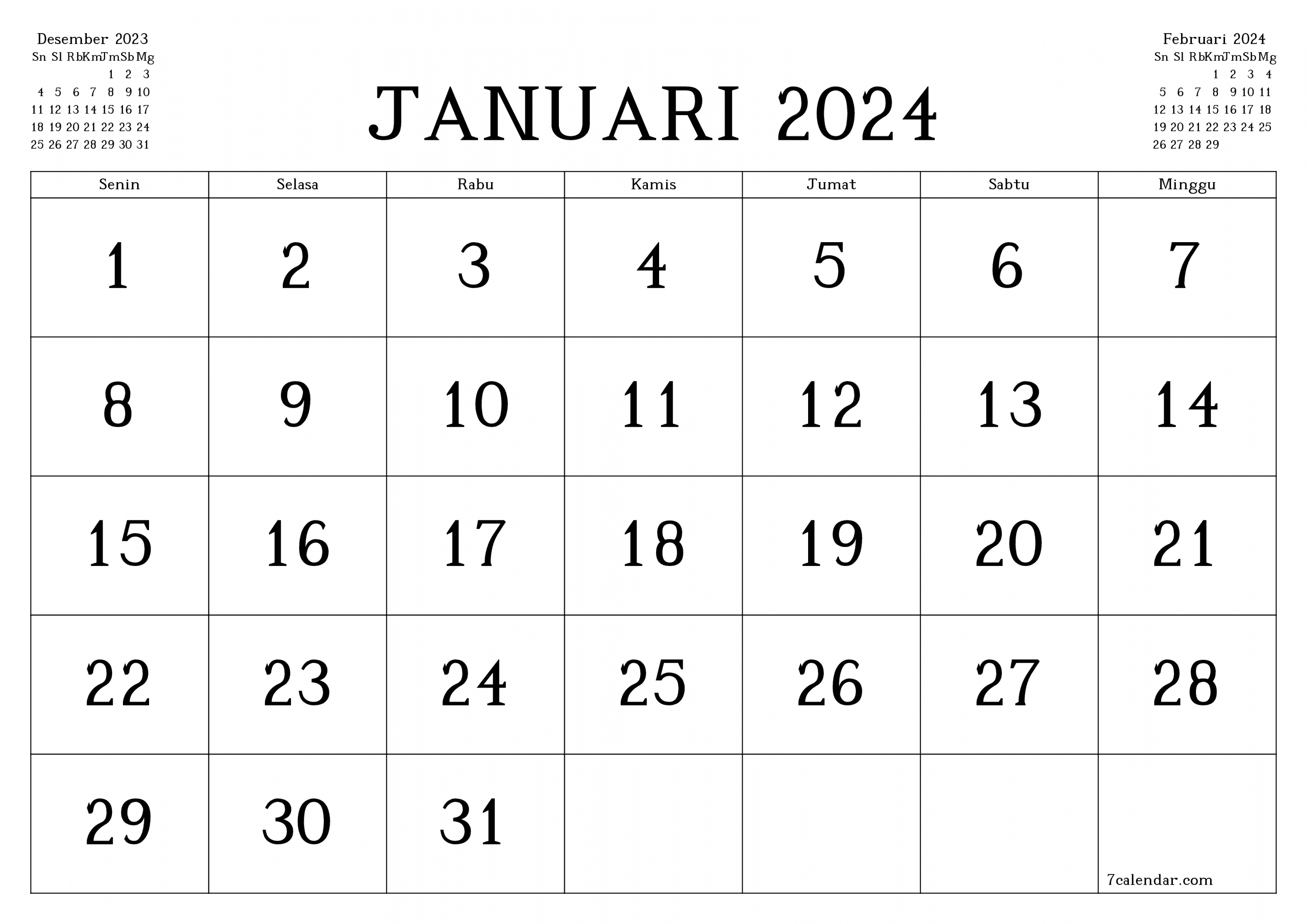 Kalender dan agenda untuk pencetakan Januari  A, A ke PDF