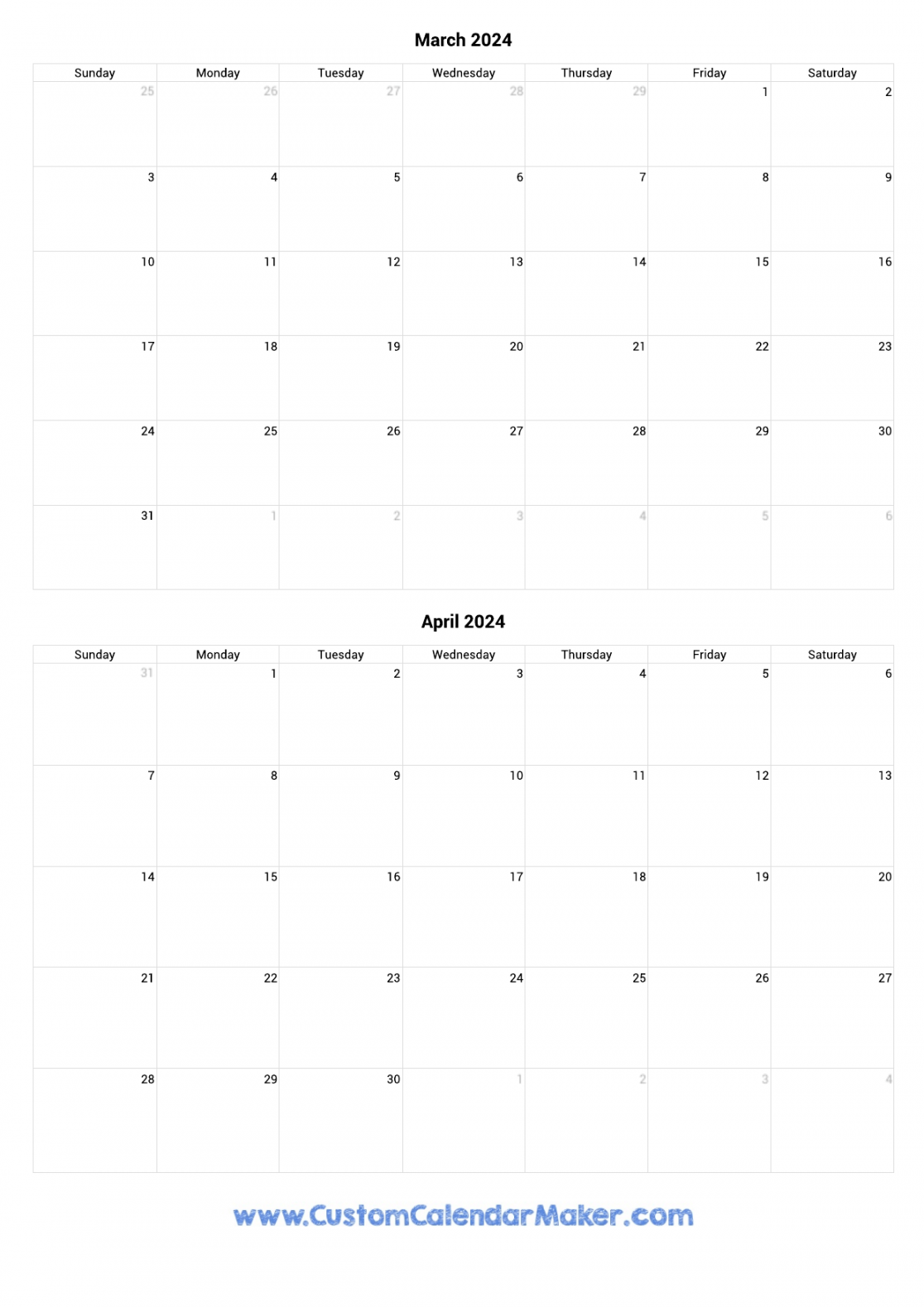 March and April  Printable Calendar Template