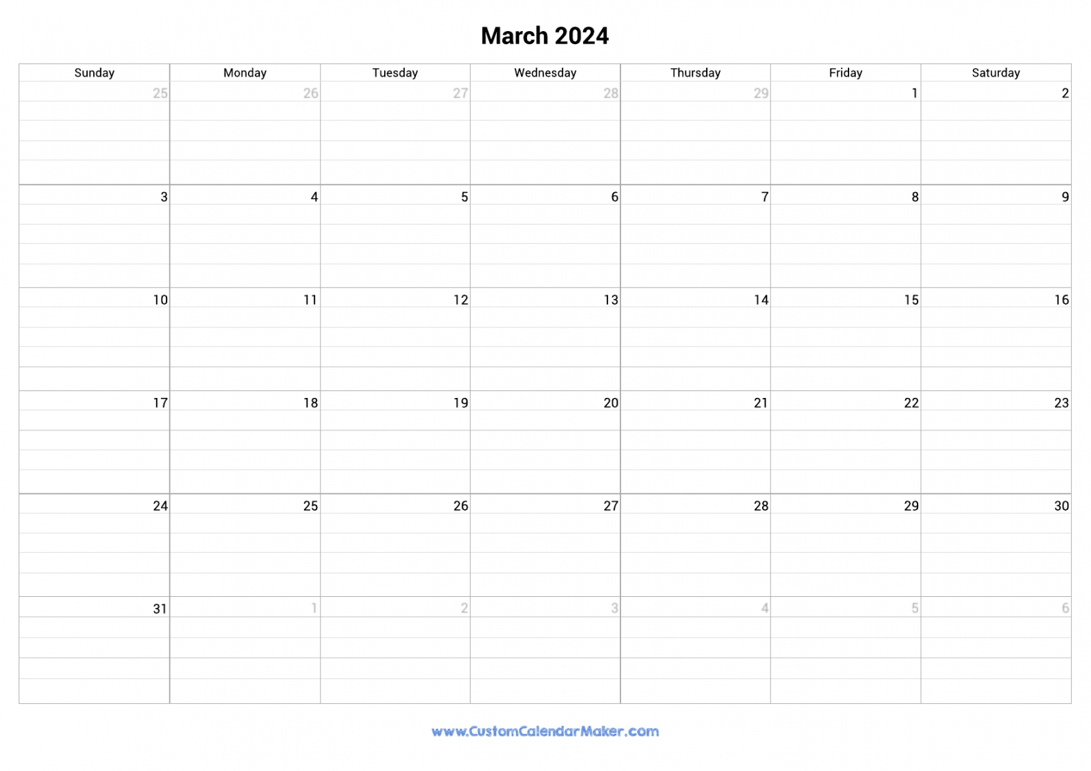 March  Fillable Calendar Grid With Lines