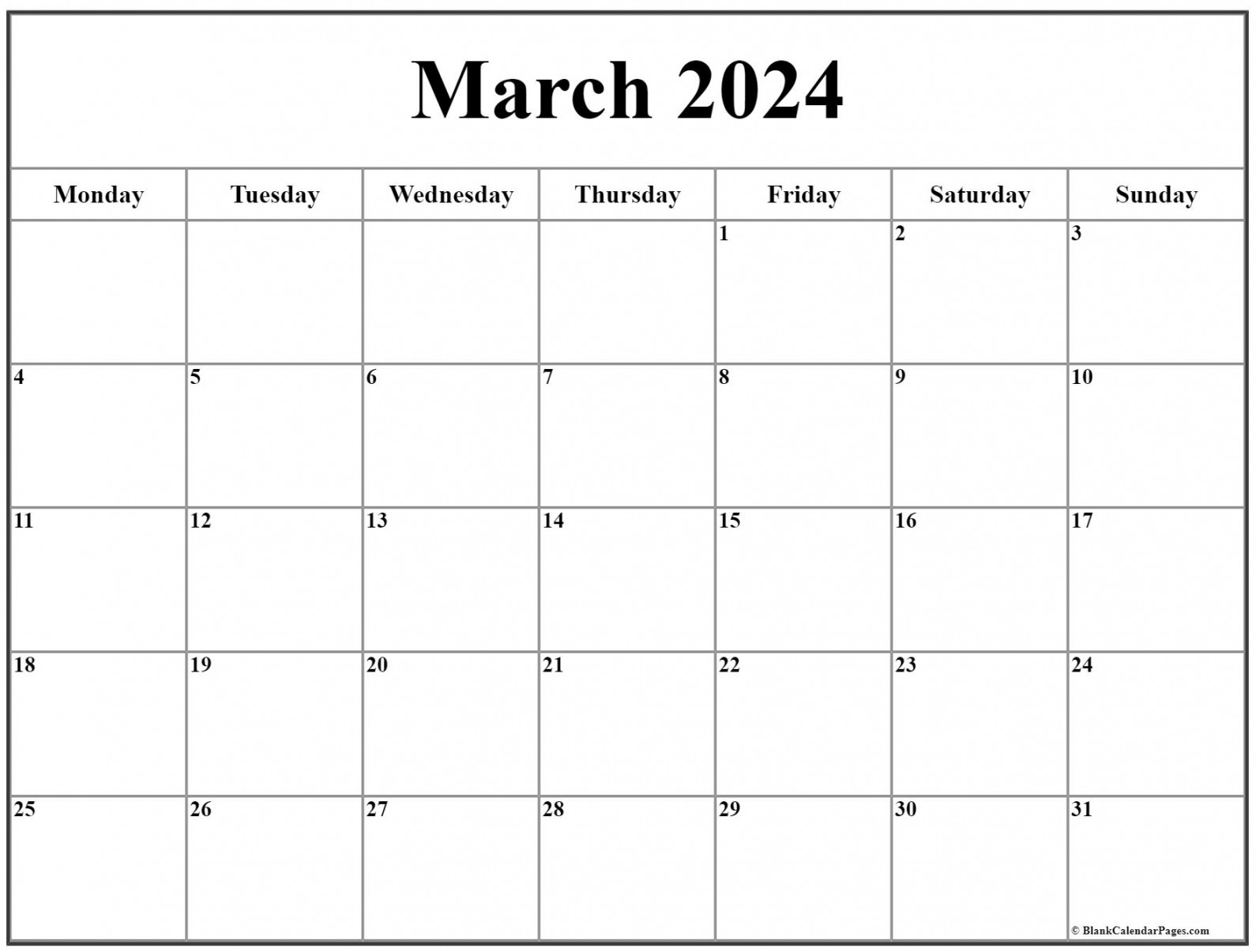 March  Monday Calendar  Monday to Sunday