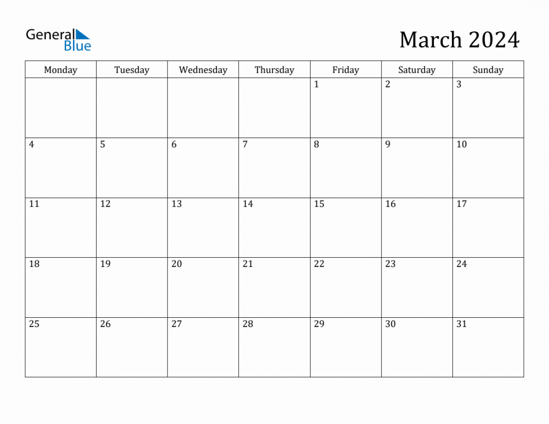 March  Monday Start Calendar (PDF, Excel, Word)