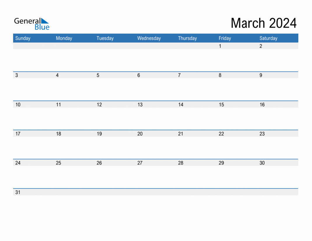 March  Monthly Calendar (PDF, Word, Excel)