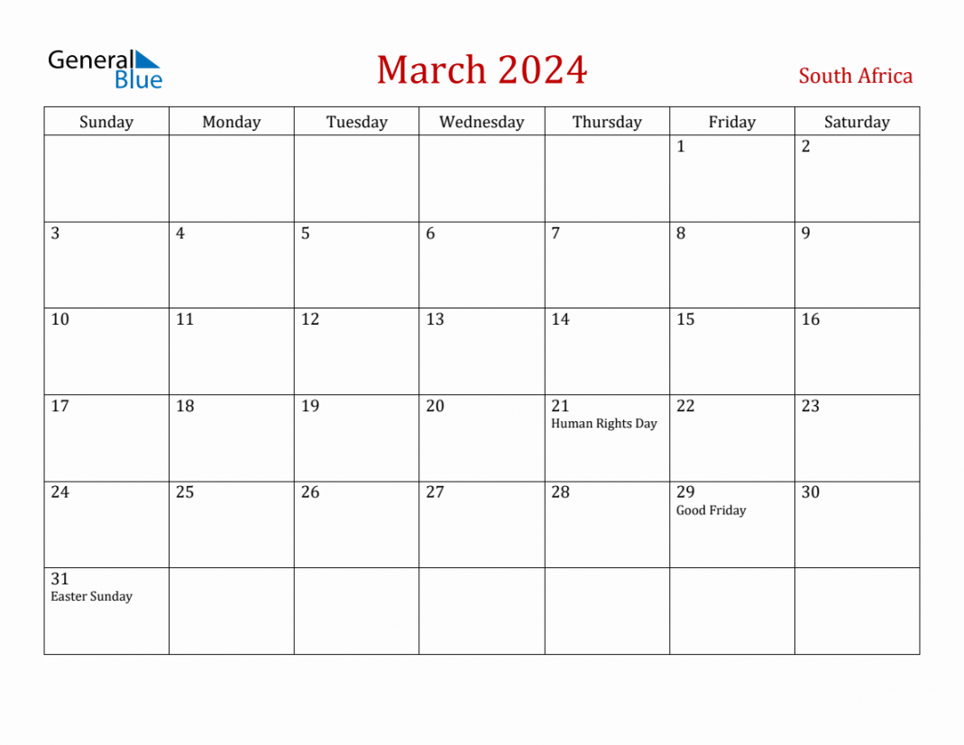 March  South Africa Monthly Calendar with Holidays