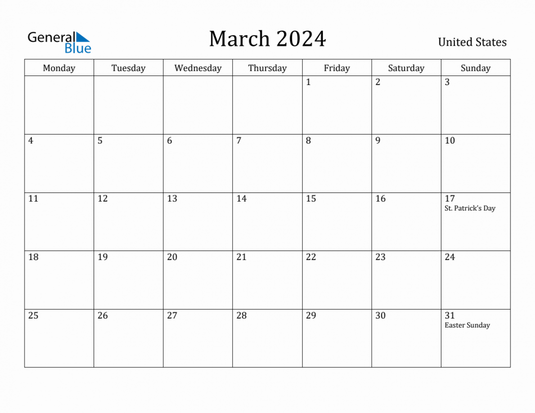 March  - United States Monthly Calendar with Holidays