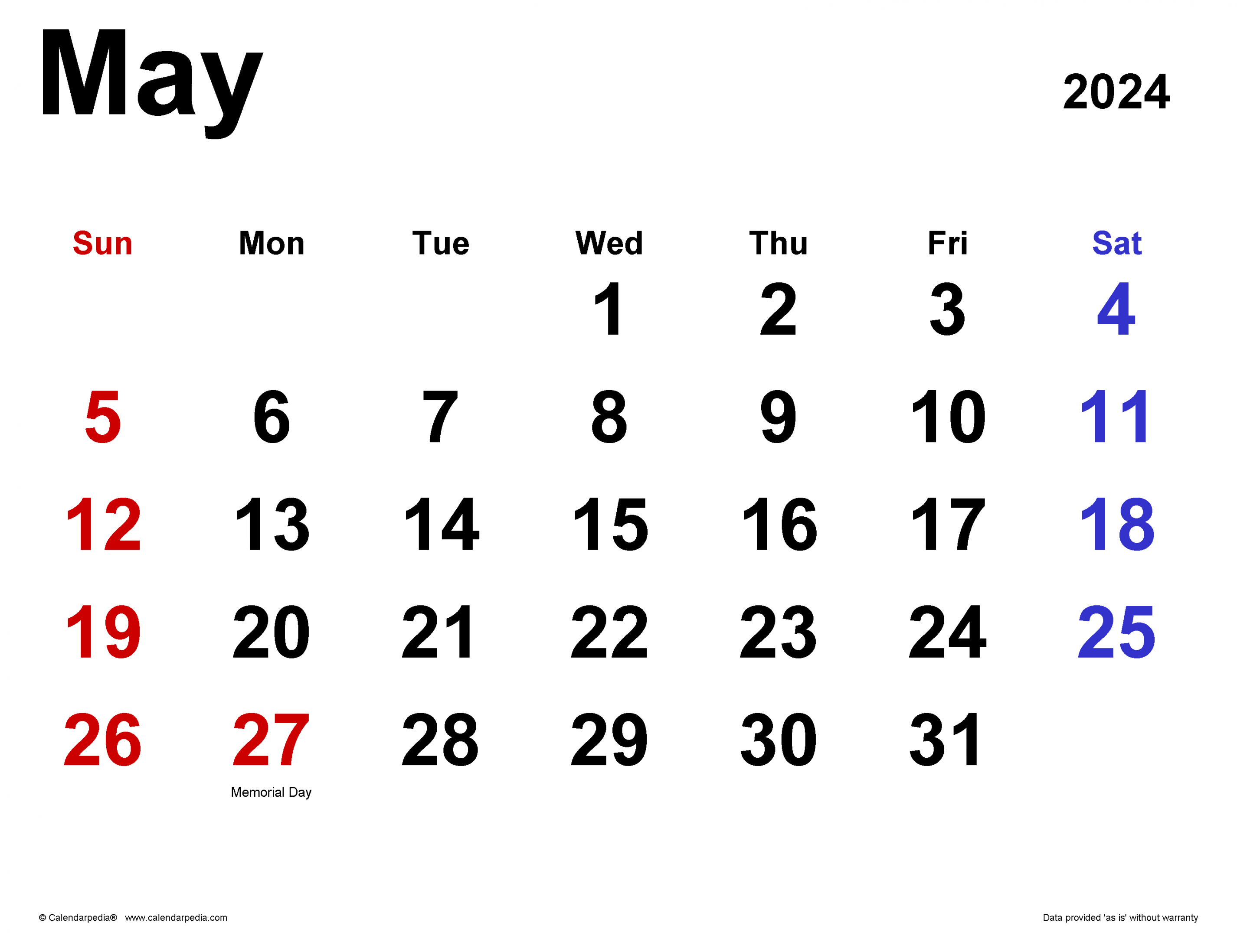 May  Calendar  Templates for Word, Excel and PDF