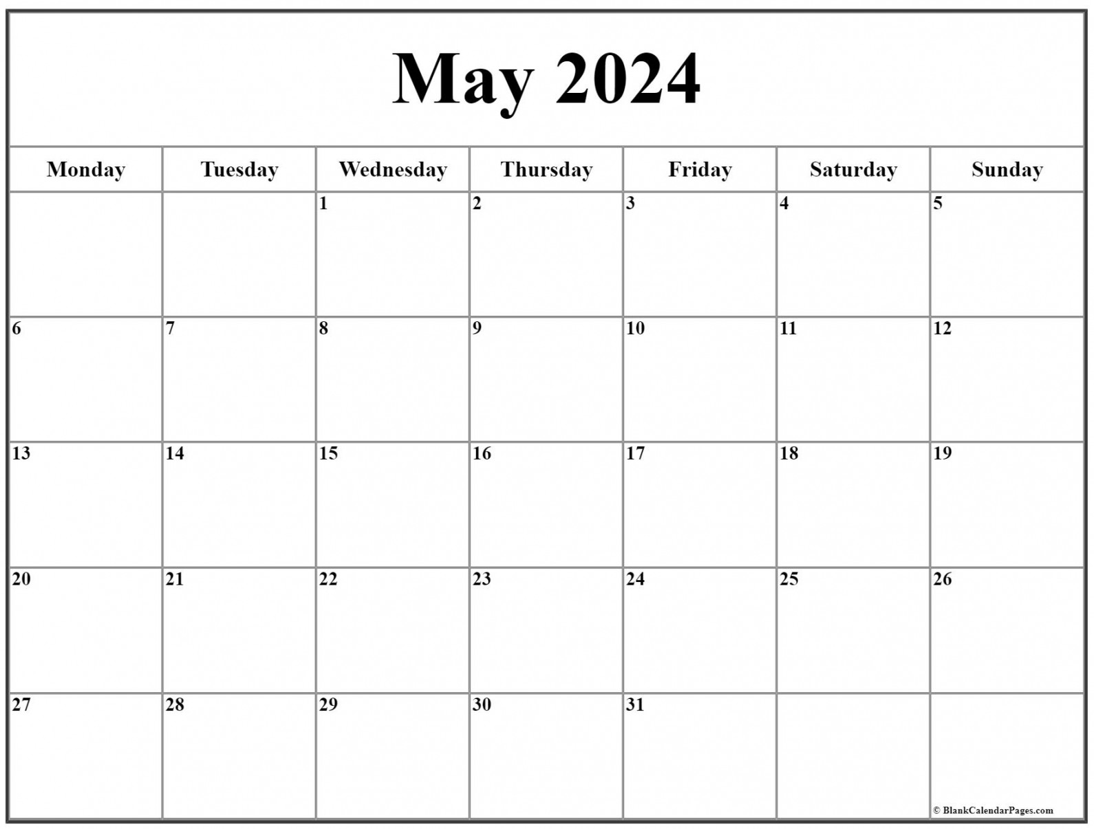 May  Monday Calendar  Monday to Sunday