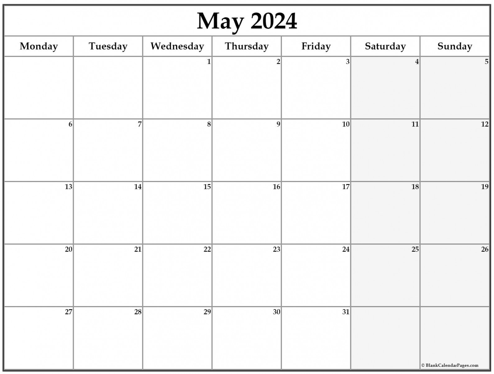 May  Monday Calendar  Monday to Sunday