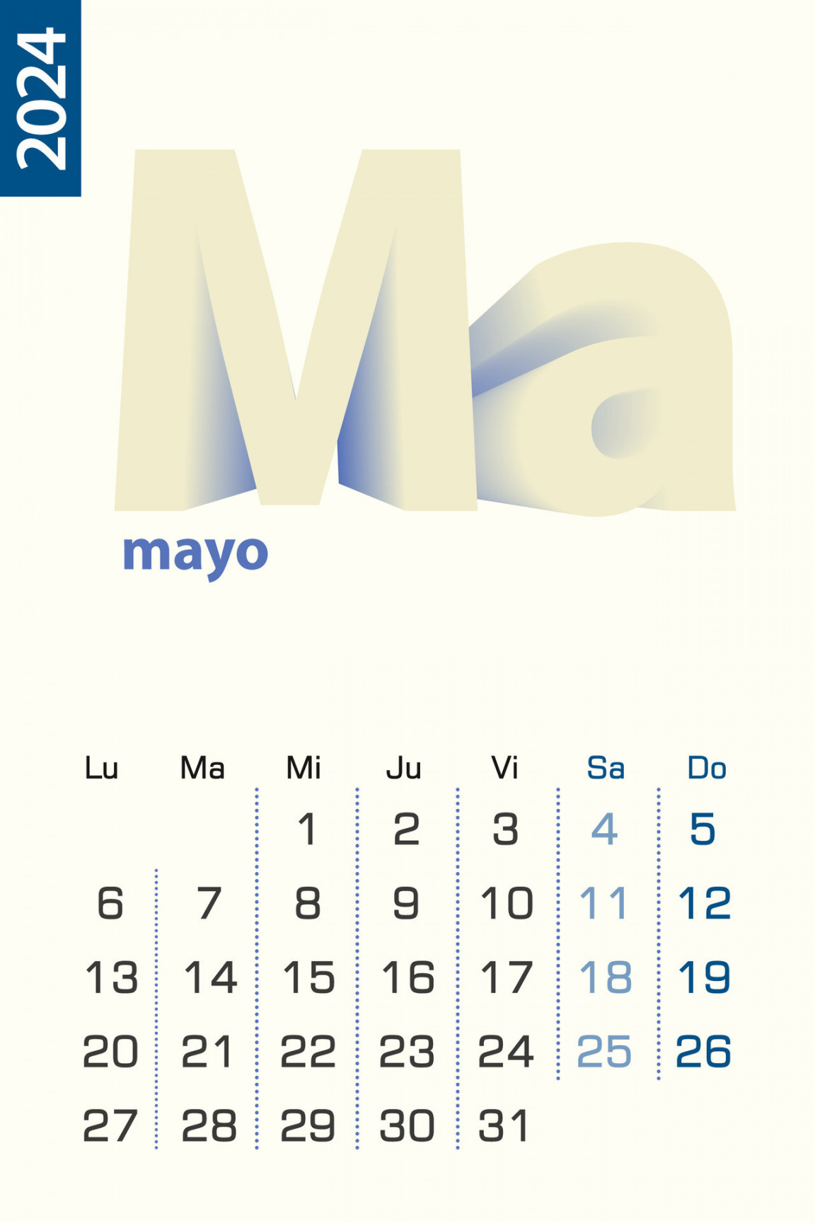 Minimalist calendar template for May , vector calendar in