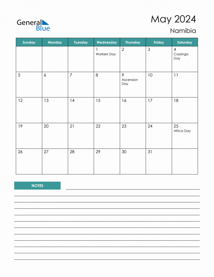 Monthly Planner with Namibia Holidays - May