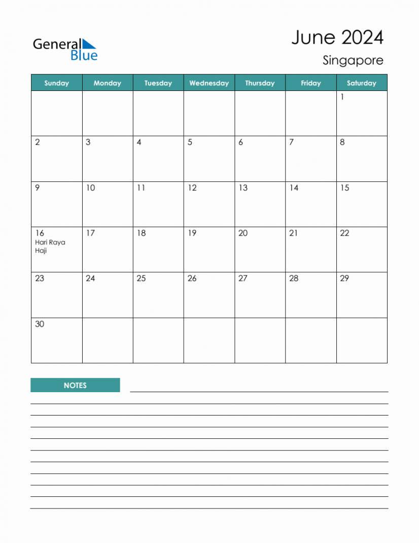 Monthly Planner with Singapore Holidays - June