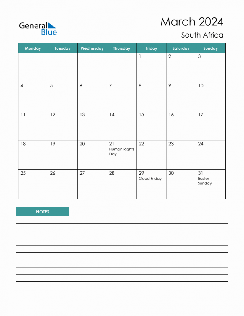Monthly Planner with South Africa Holidays - March