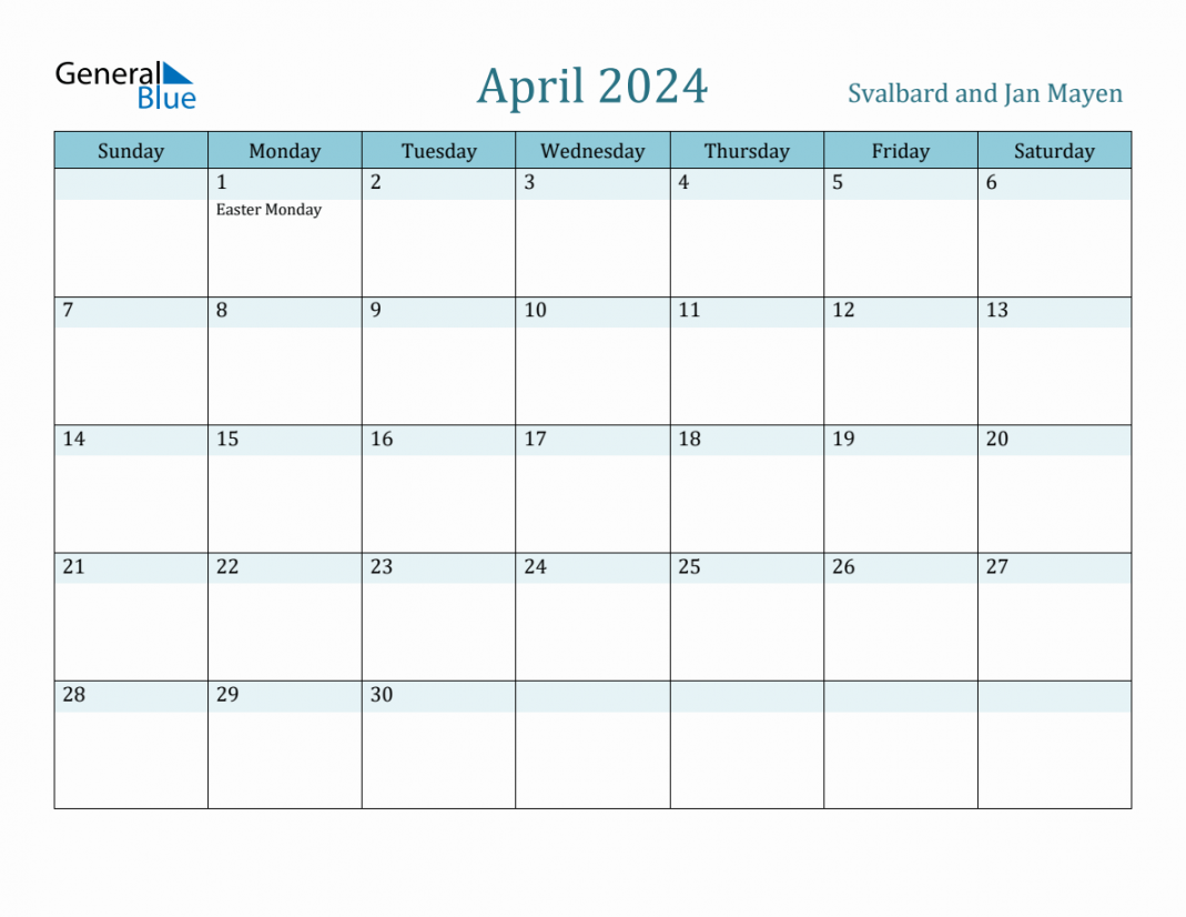 Svalbard and Jan Mayen Holiday Calendar for April