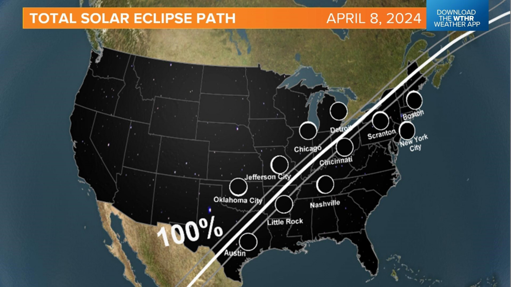 Total solar eclipse totality for Indiana in