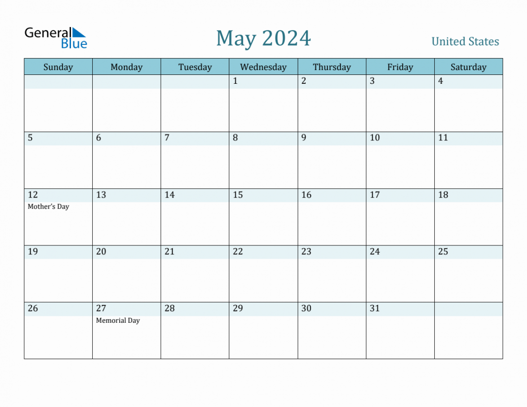 United States Holiday Calendar for May