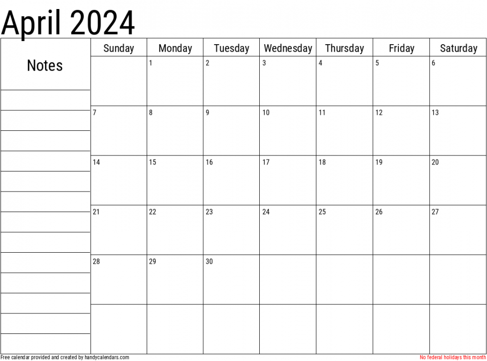 April  Calendar With Notes And Holidays - Handy Calendars