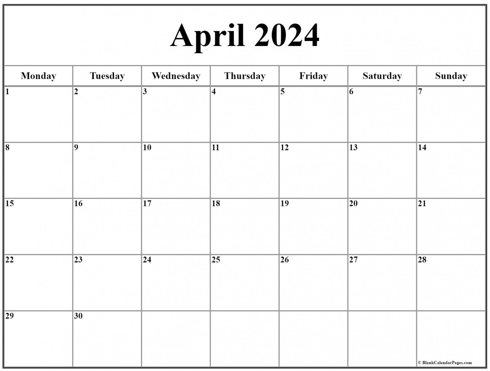 April  Monday Calendar  Monday to Sunday