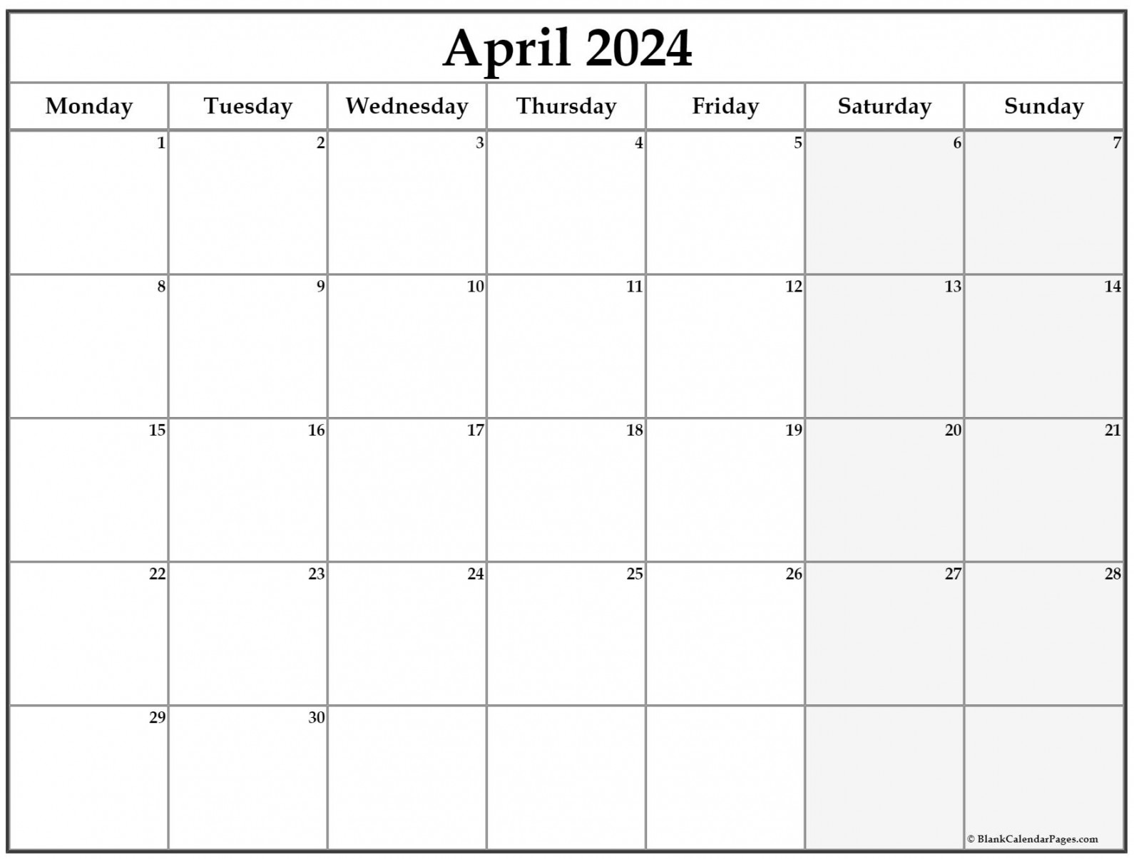 April  Monday Calendar  Monday to Sunday