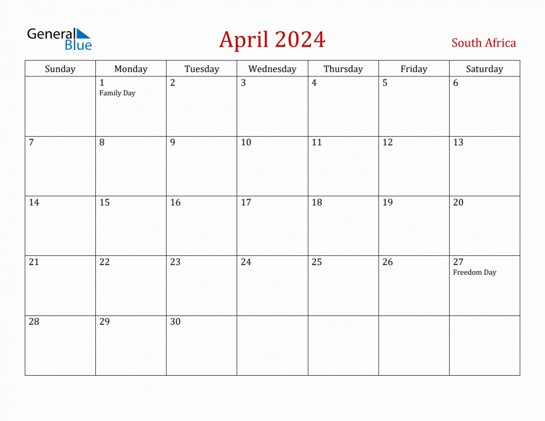 April  South Africa Monthly Calendar with Holidays