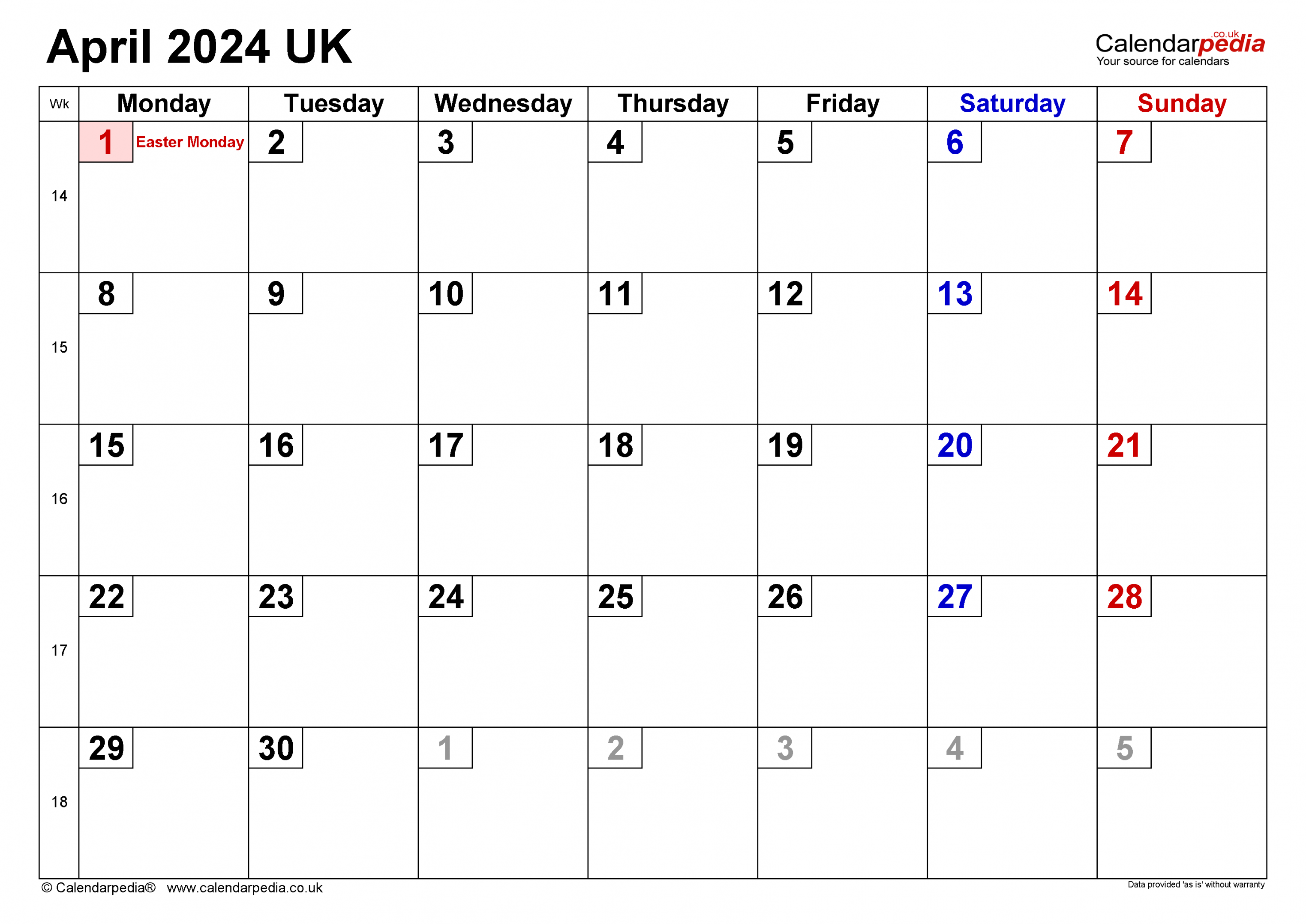 Calendar April  UK with Excel, Word and PDF templates