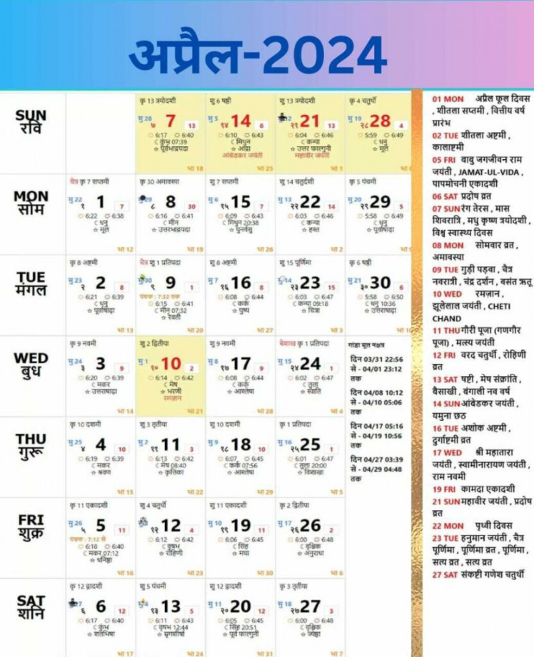 ठाकुर प्रसाद कैलेंडर  : calendar for april