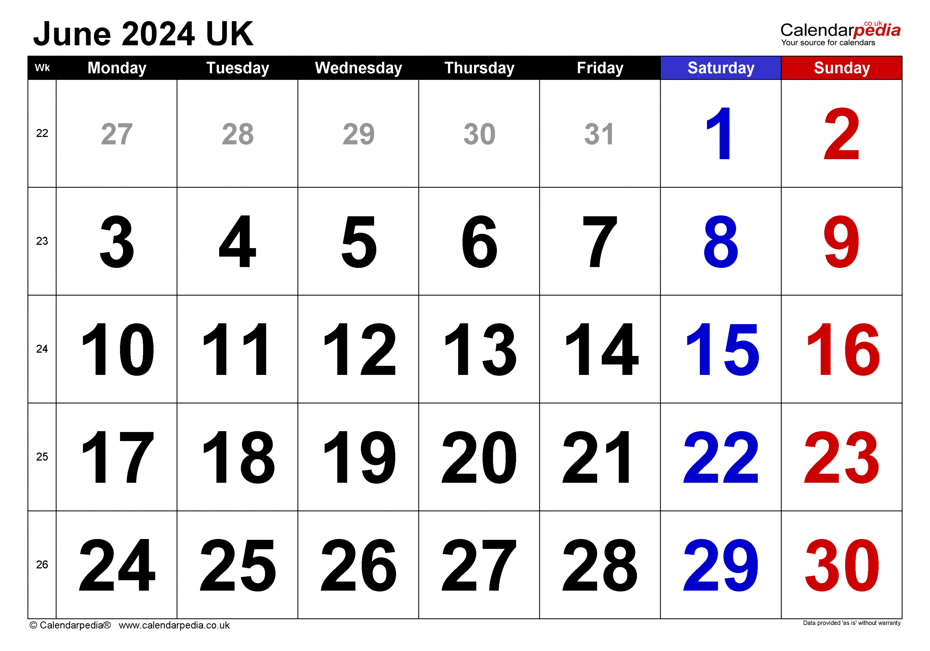 Calendar June  UK with Excel, Word and PDF templates