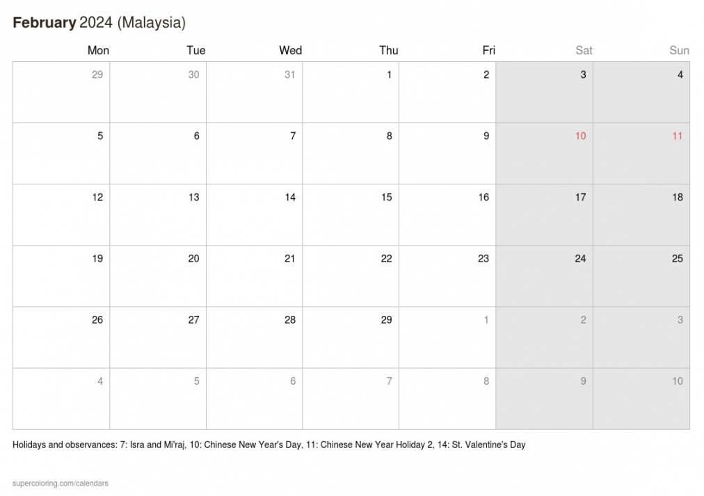 February  calendar - Malaysia