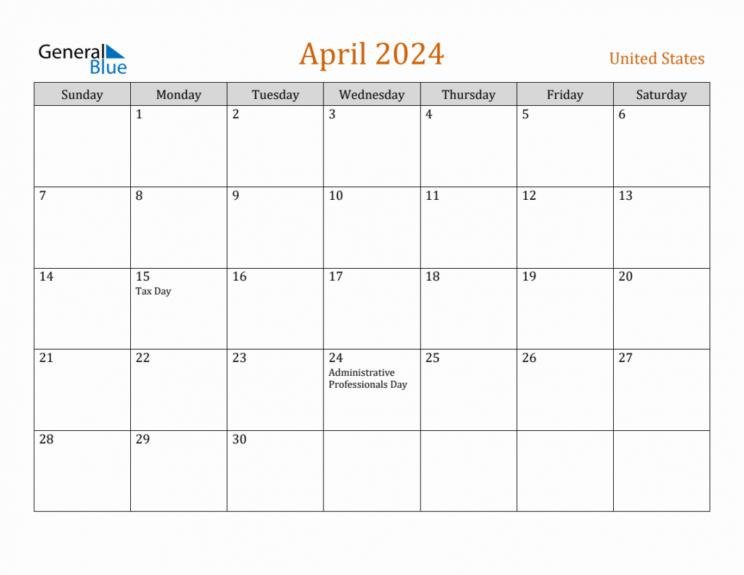 Free April  United States Calendar