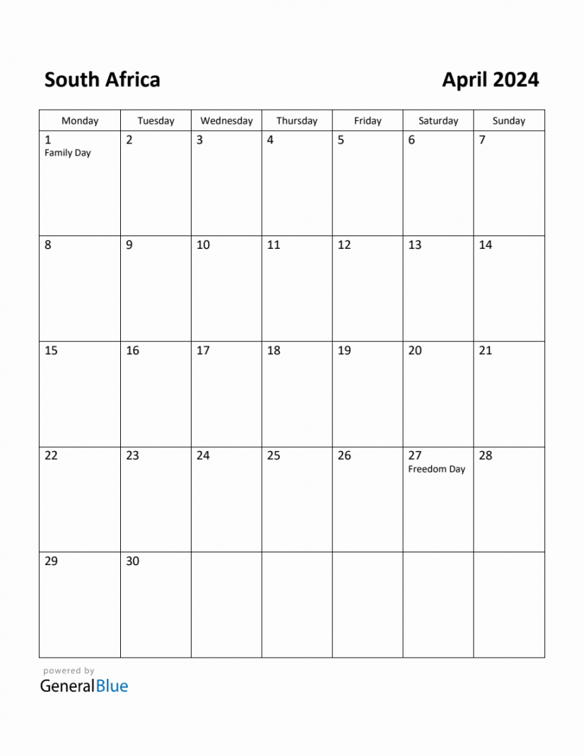 Free Printable April  Calendar for South Africa