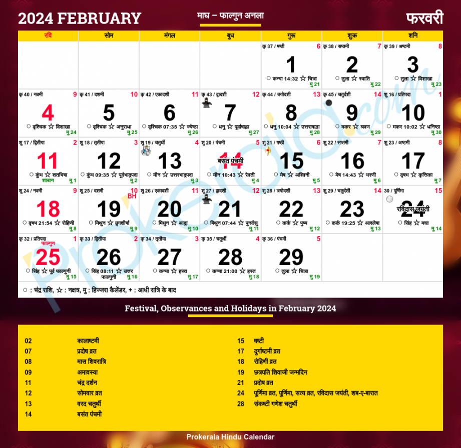 Hindu Calendar , February