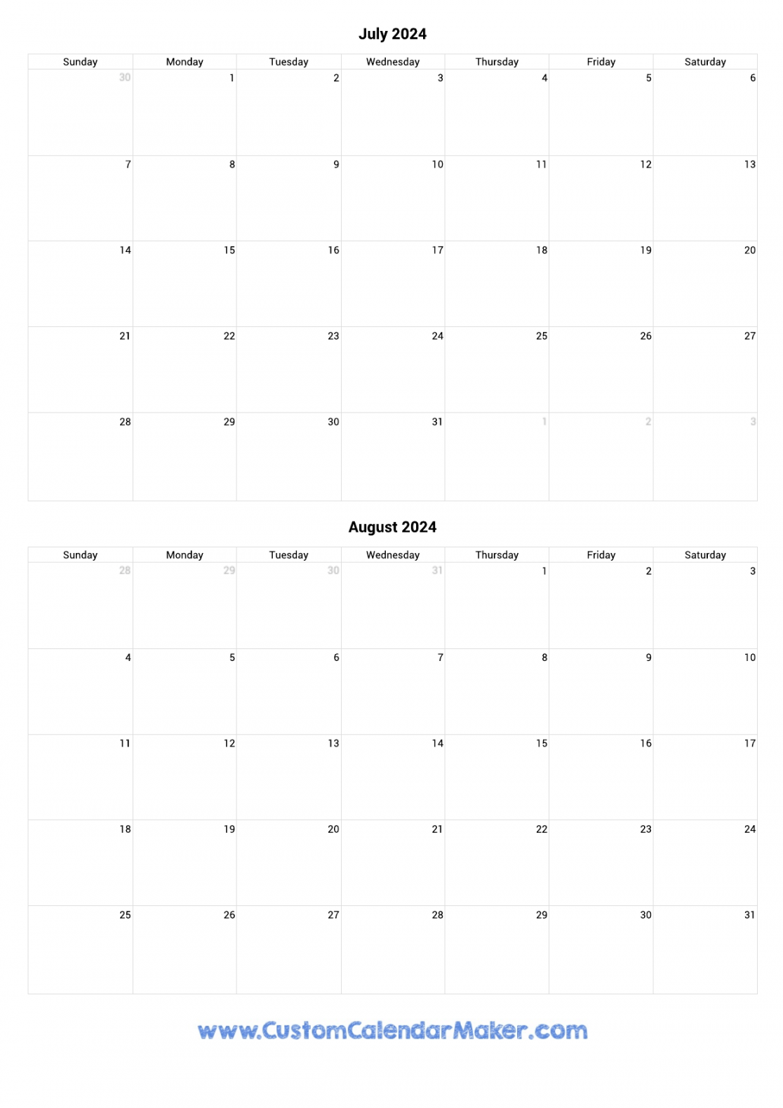 July and August  Printable Calendar Template