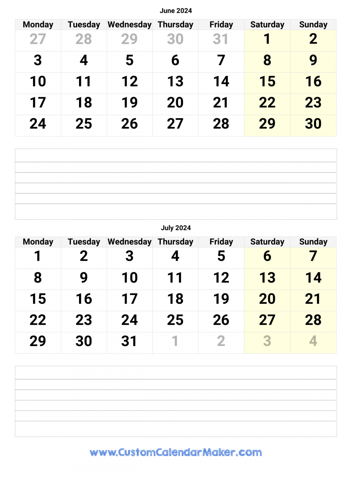 June and July  Printable Calendar Template