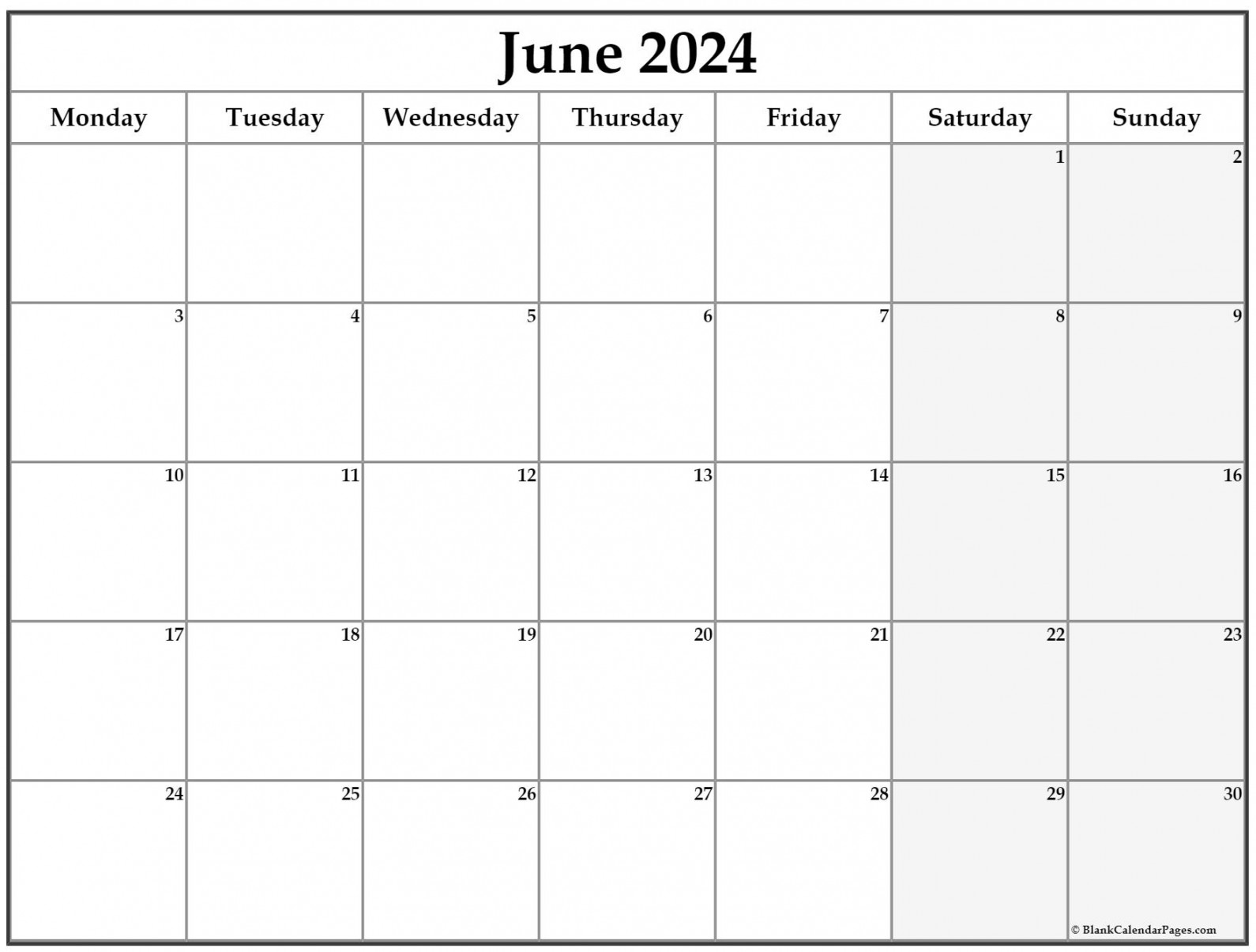 June  Monday Calendar  Monday to Sunday