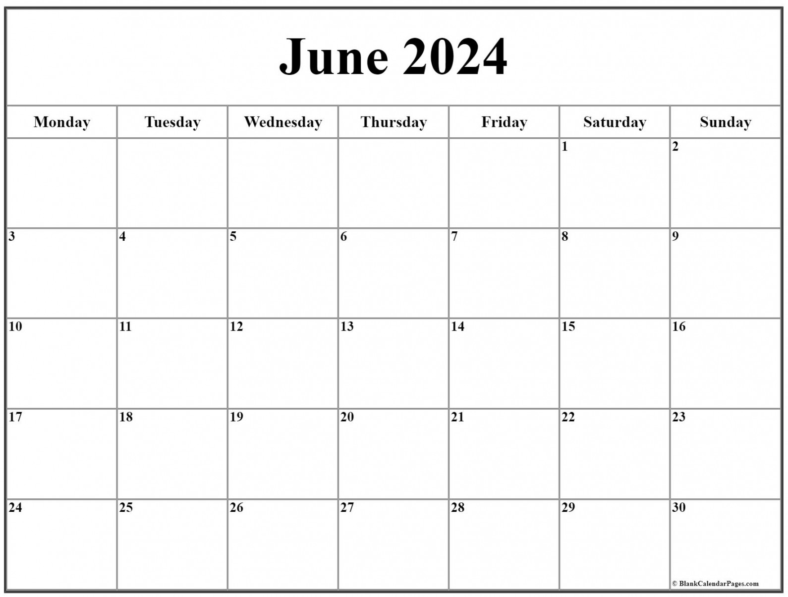 June  Monday Calendar  Monday to Sunday