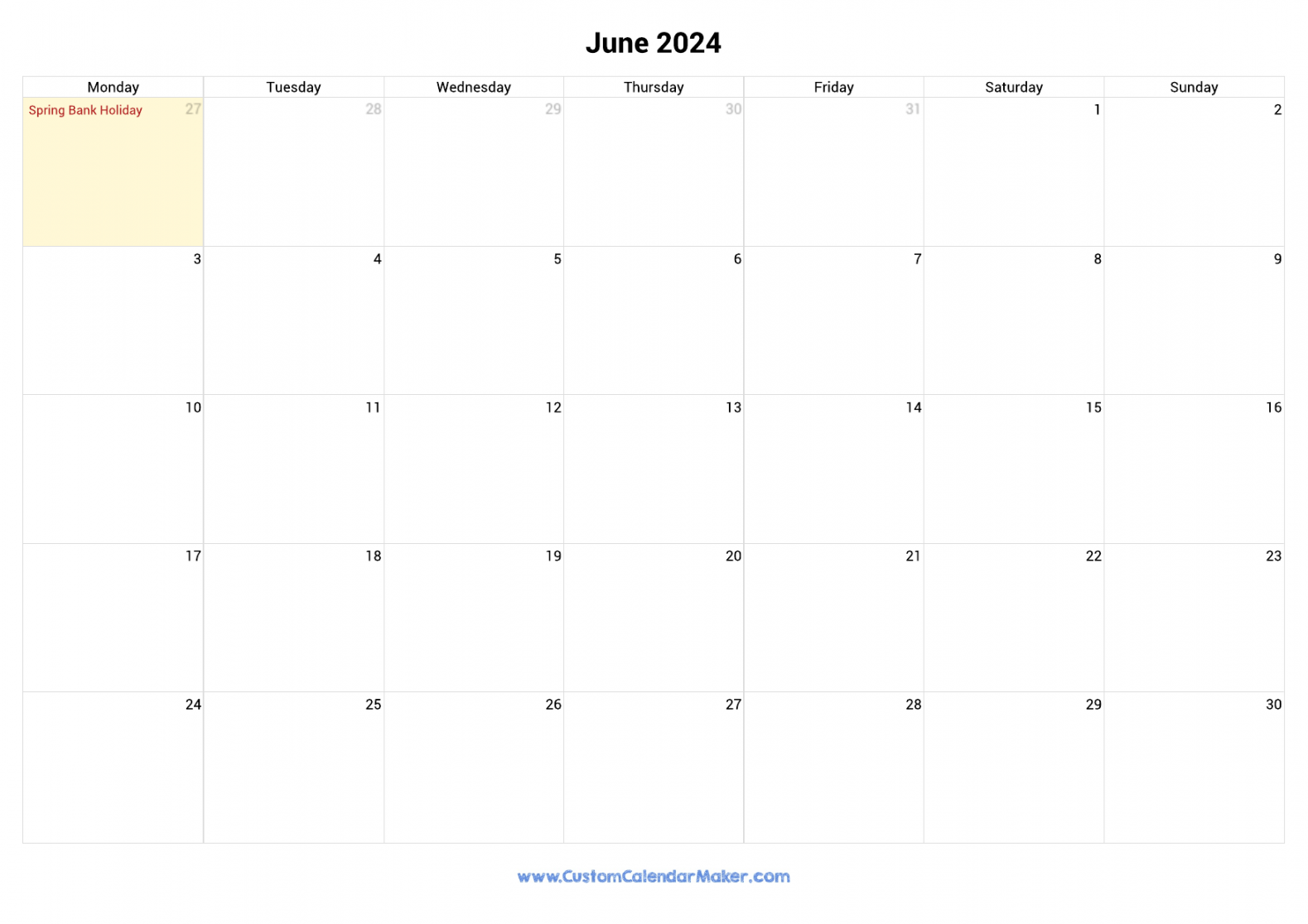 June  Printable Calendar With UK Bank Holidays