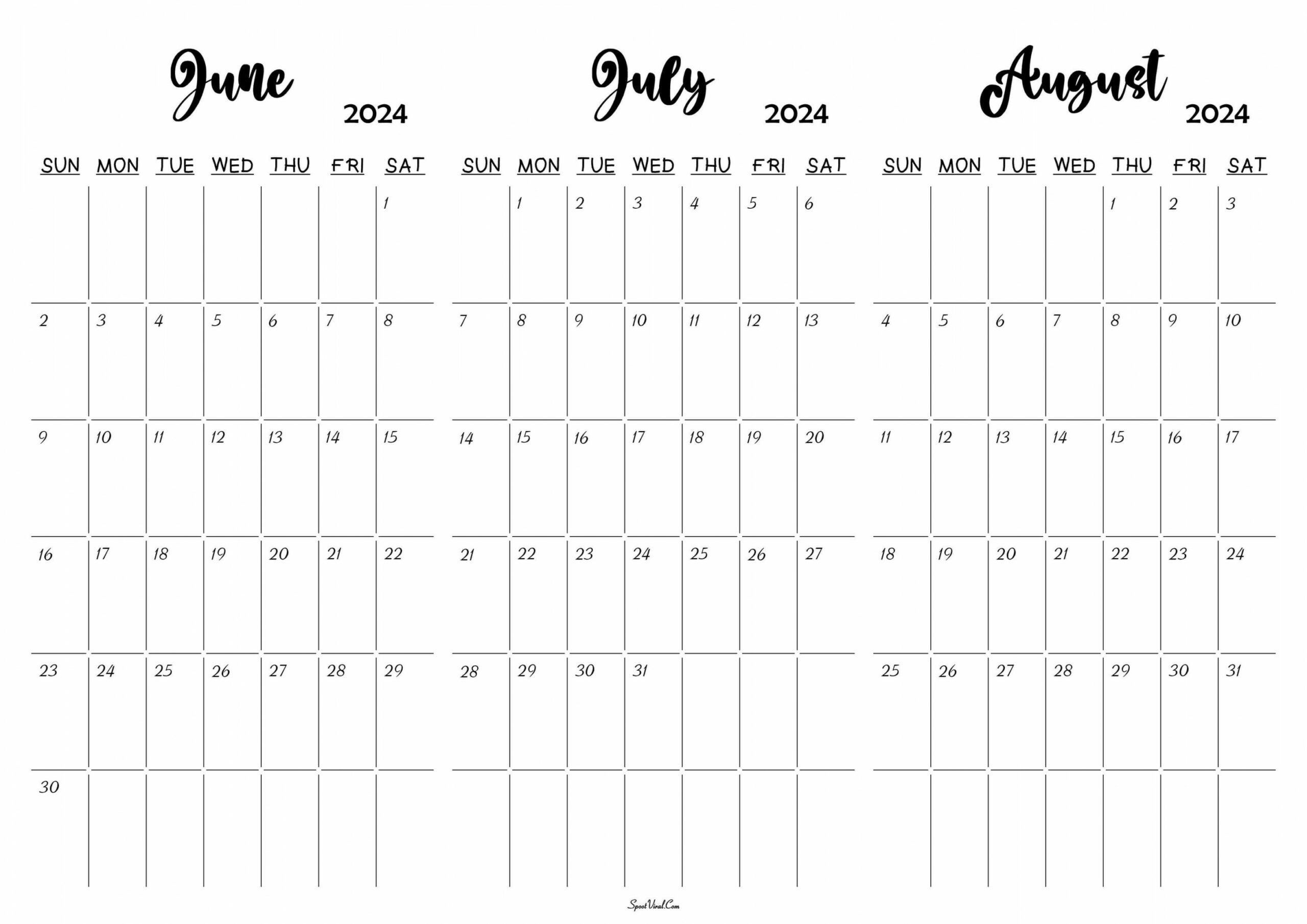 June To August  Calendar Templates - SpootViral