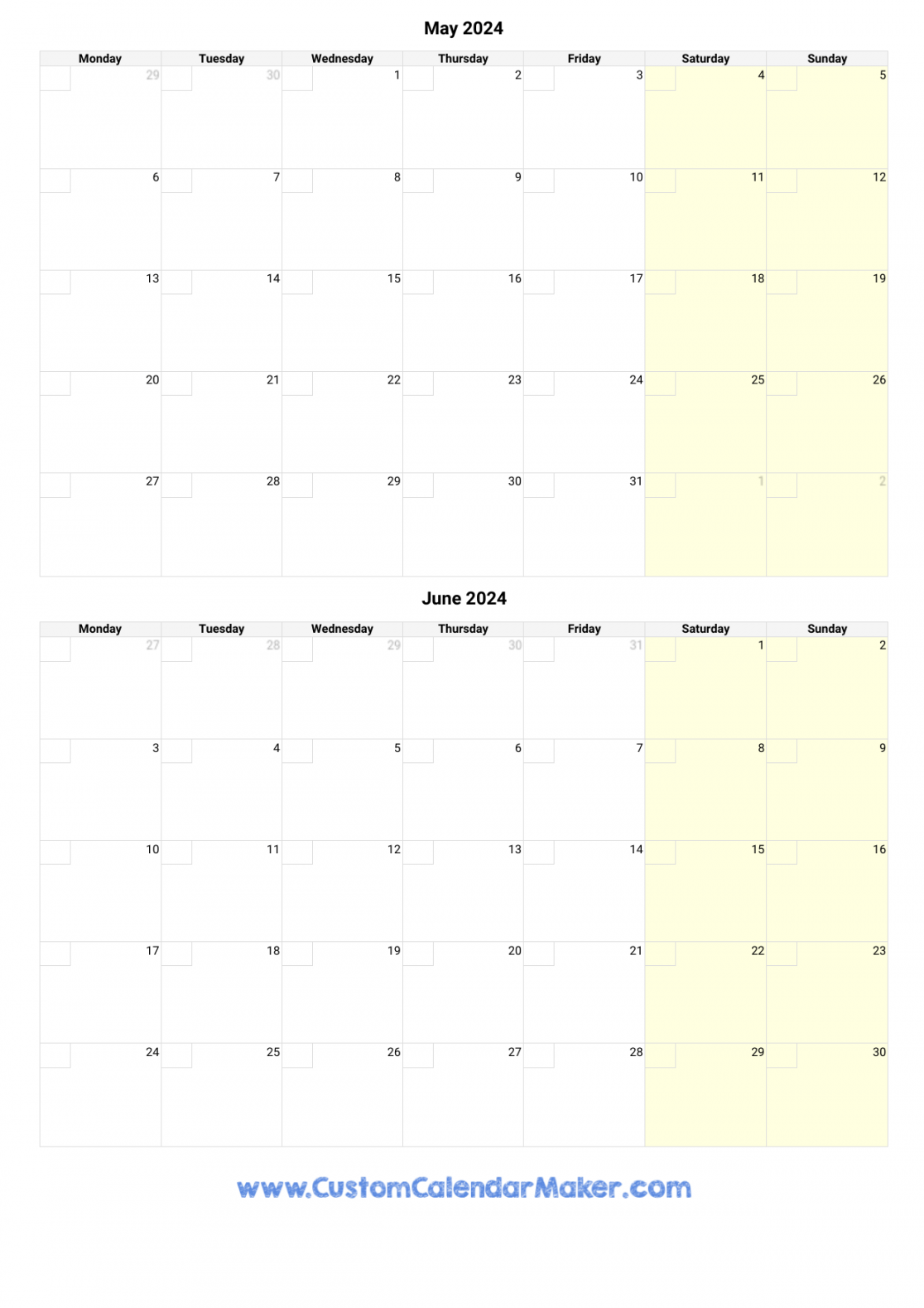 May and June  Printable Calendar Template