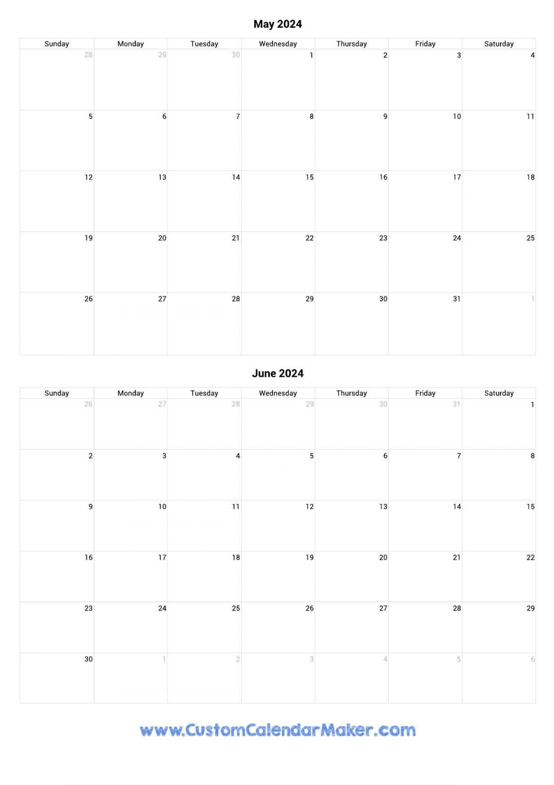 May and June  Printable Calendar Template