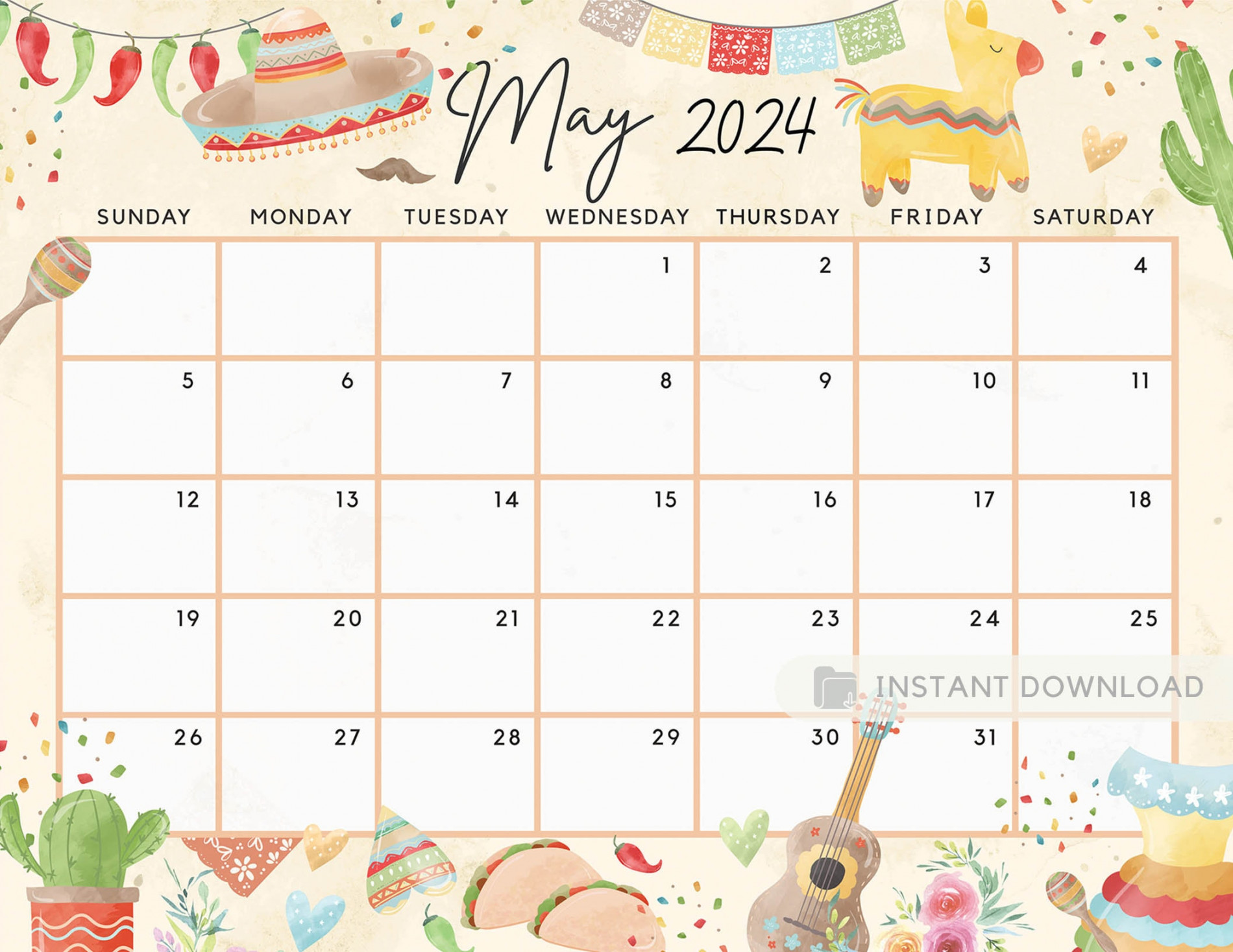 May  Calendar Cute & Fun Cinco De Mayo Theme Printable - Etsy
