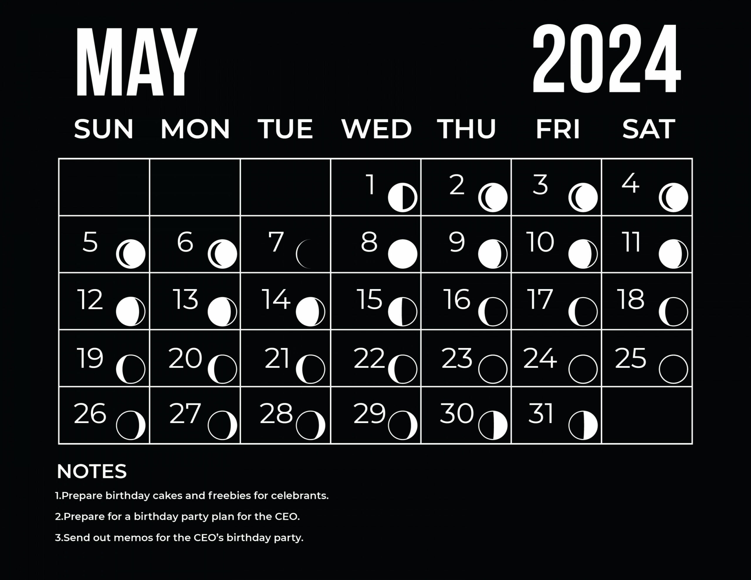 May  Calendar With Moon Phases - Download in Word, Illustrator