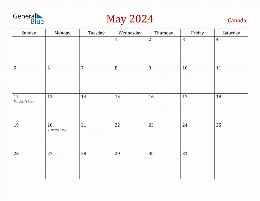 May  Canada Monthly Calendar with Holidays