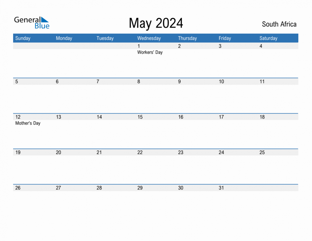 May  Monthly Calendar with South Africa Holidays
