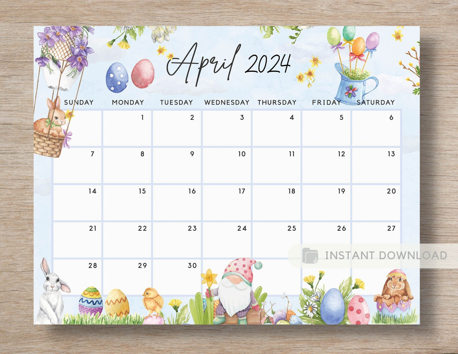 Printable April  Calendar Fun Easter Bunny & Gnome - Etsy Finland
